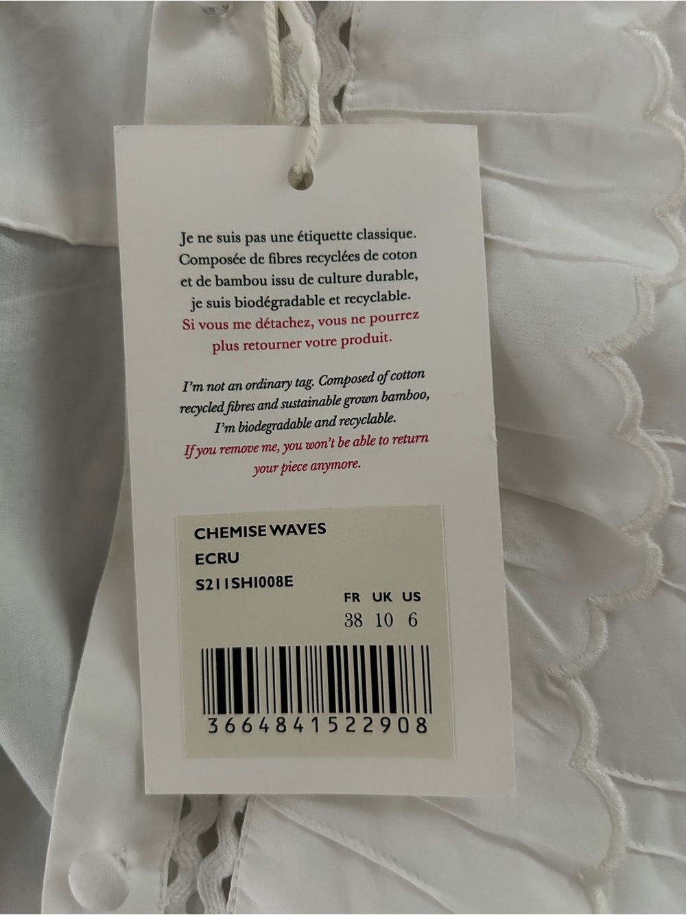 NWT sezane chemise wave Women's White Ruffled Lace-Trim Blouse - Picture 6 of 10